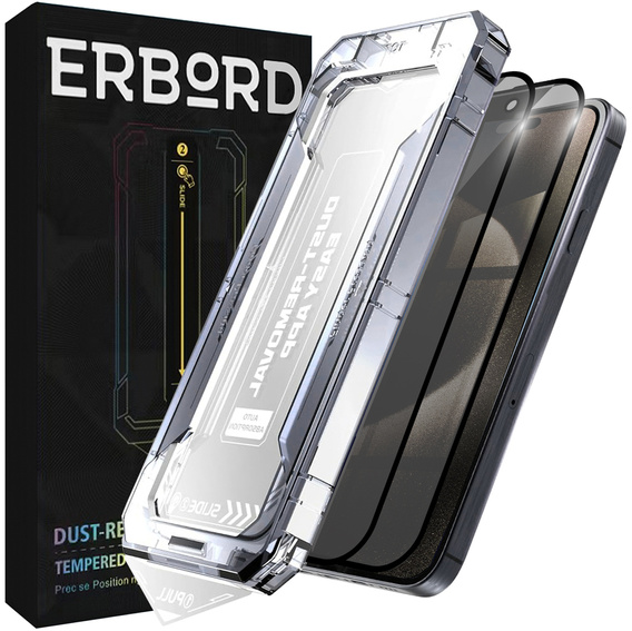 2x Tvrzené sklo pro iPhone 15 Pro Max, ERBORD 9H Easy App Anti-Peep