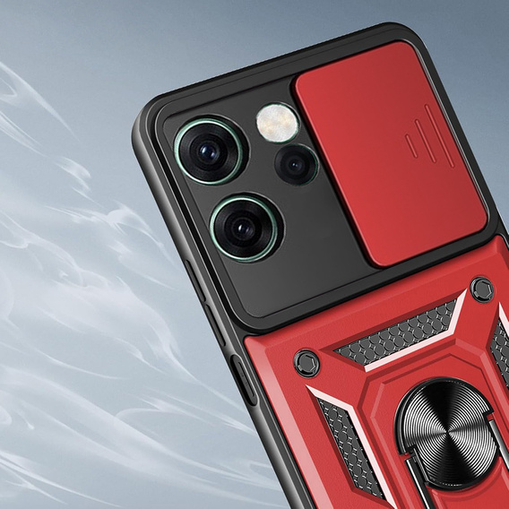 Pancéřové pouzdro pro Oppo Reno 14F, s ochranou fotoaparátu, se stojánkem, červené