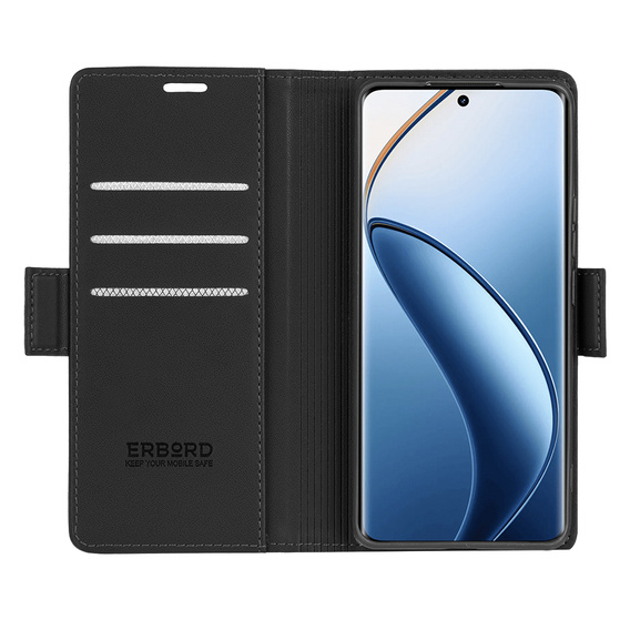 Pouzdro pro Realme 12 Pro 5G / 12 Pro+ 5G, ERBORD Glossy Litchi, flipová peněženka, černé