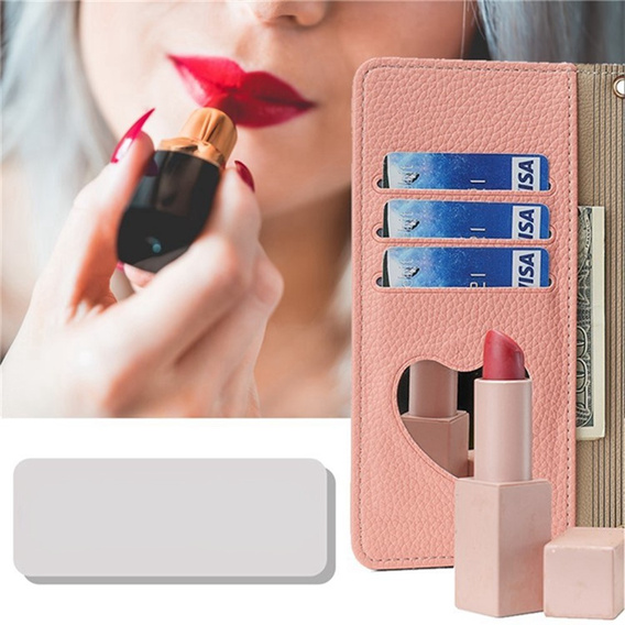 Flipové pouzdro Wallet Zipper Pocket pro Samsung Galaxy A56 5G, Wallet Zipper Pocket, se zrcátkem, růžové