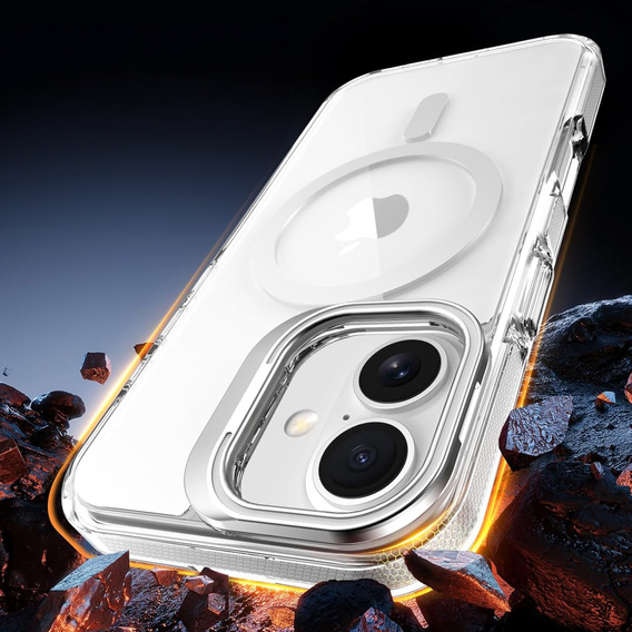 Pouzdro pro iPhone 17, pro MagSafe, se stojánkem, průhledné s šedými vložkami