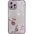 Pouzdro pro iPhone 14 Pro, Glitter Flower, fialové