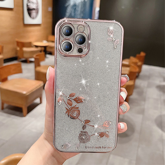 Pouzdro pro iPhone 13 Pro, Glitter Flower, růžové rose gold