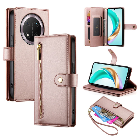 Klopové pouzdro pro Honor Magic 7 Lite, Wallet Zipper Pocket, růžové