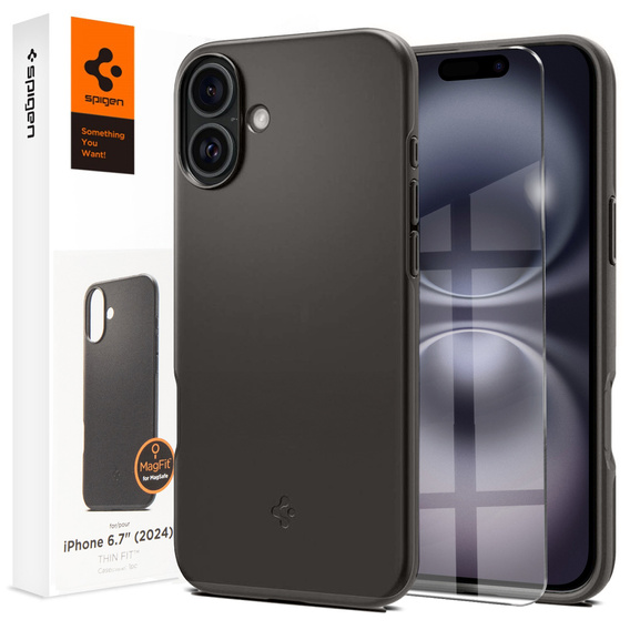 Pouzdro Spigen pro iPhone 16 Plus, Thin Fit Mag, šedé + 9H tvrzené sklo