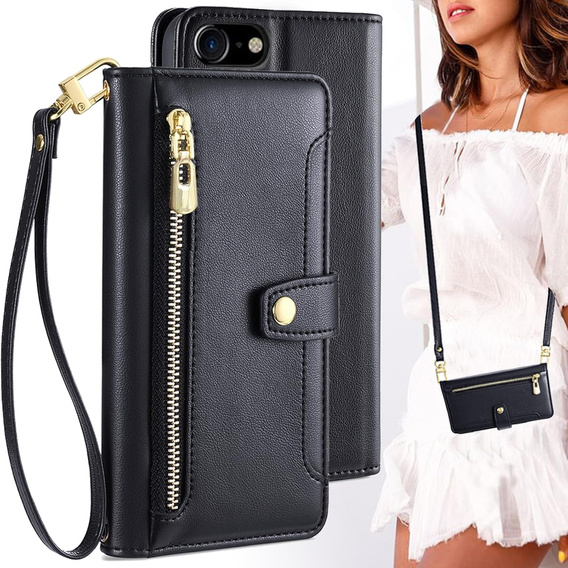 Klopové pouzdro pro iPhone 16E, Wallet Zipper Pocket, černé