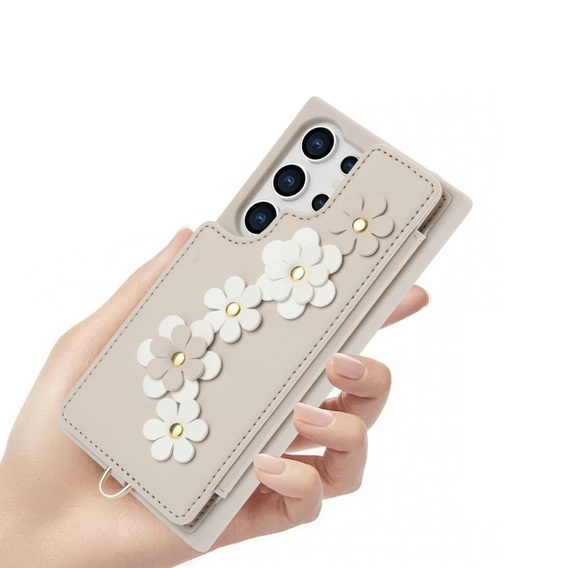 Pouzdro pro Samsung Galaxy S24 Ultra, Leather Flower Card Slot, béžové