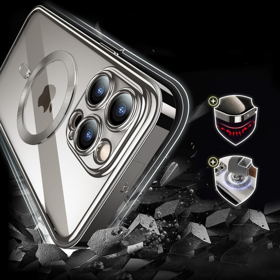 Pouzdro pro iPhone 15 Pro Max, Privacy Dual Glass, pro MagSafe, stříbrné