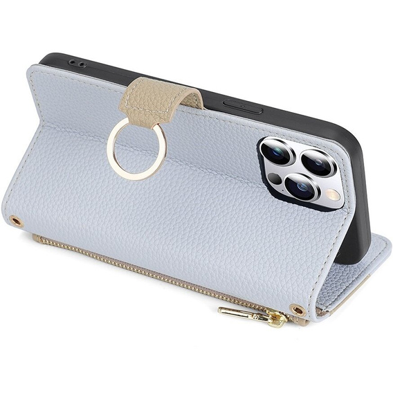 Flipové pouzdro Wallet Zipper Pocket pro iPhone 15 Pro, Wallet Zipper Pocket, se zrcátkem, modré