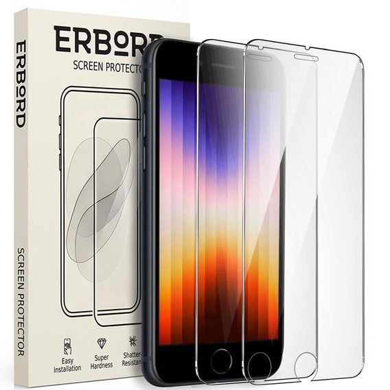 2x tvrzené sklo pro iPhone 7/8/SE 2020/SE 2022, ERBORD 9H Hard Glass na displeji