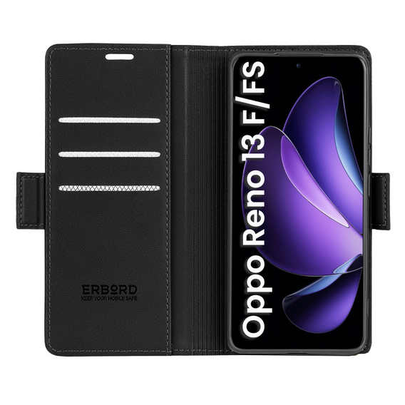 Pouzdro pro Oppo Reno 13F / Oppo Reno 13FS, ERBORD Glossy Litchi, flipová peněženka, černé