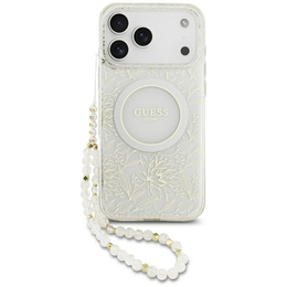 Pouzdro Guess IML Flowers Electroplated Allover With Beads Strap, pro MagSafe, s řemínkem pro iPhone 17 Pro Max
