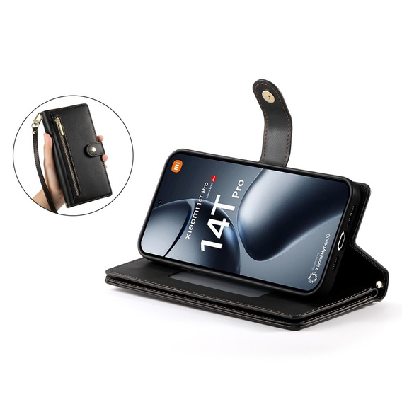 Klopové pouzdro pro Xiaomi 14T Pro, Wallet Zipper Pocket, černé