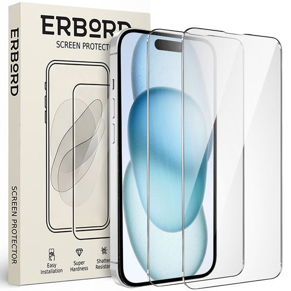 2x tvrzené sklo pro iPhone 15, ERBORD 9H Hard Glass na displeji