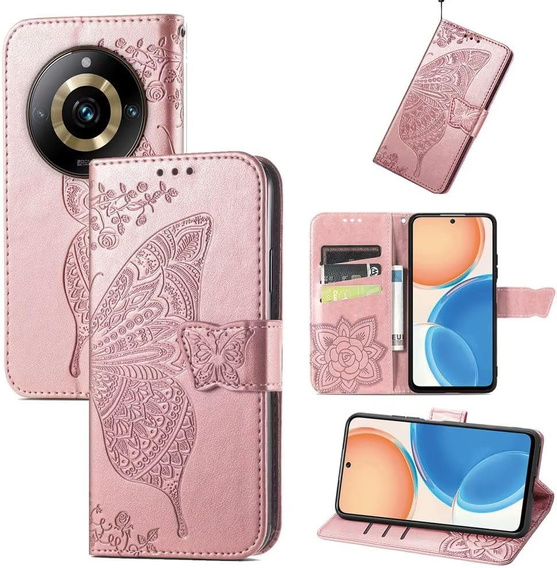 Klopové pouzdro pro Realme 11 Pro / 11 Pro +, Butterfly, růžové rose gold