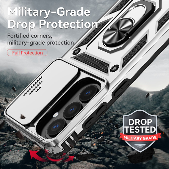 Pevné pouzdro s podstavcem a krytem objektivu pro Samsung Galaxy S26 Plus, stříbrné