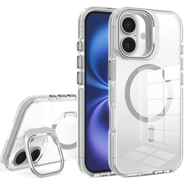 Pouzdro pro iPhone 17, pro MagSafe, se stojánkem, průhledné s šedými vložkami