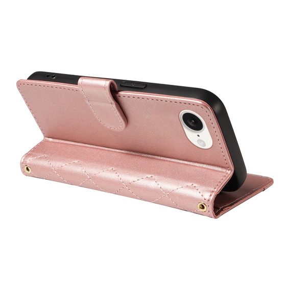 Pouzdro s klopou pro iPhone 16E, Rhombus Crossbody Leather, růžové rose gold