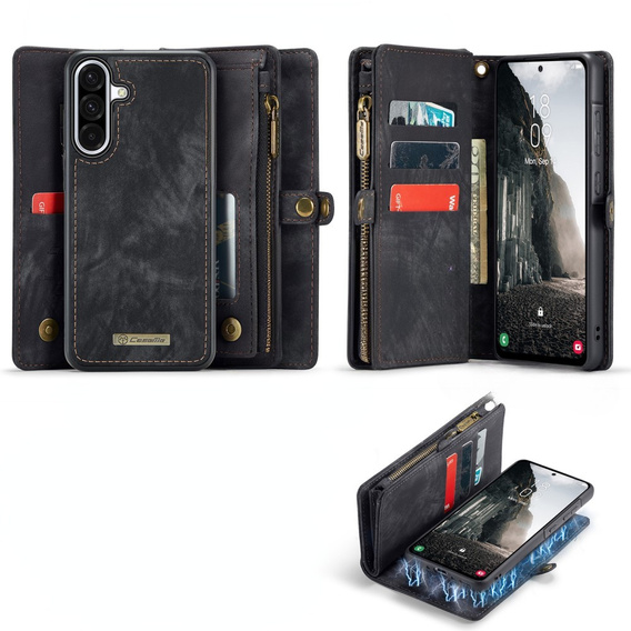 CASEME pouzdro pro Samsung Galaxy A56 5G, Retro Leather Wallet, s páskem, černé