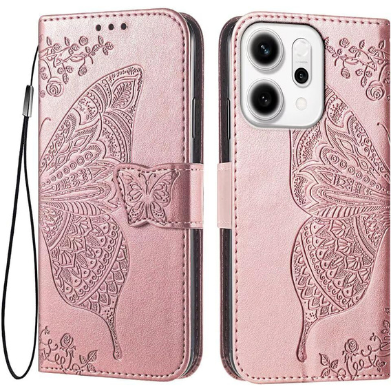 Klopové pouzdro pro Oppo Reno 14, Butterfly, peněženka, růžové zlato