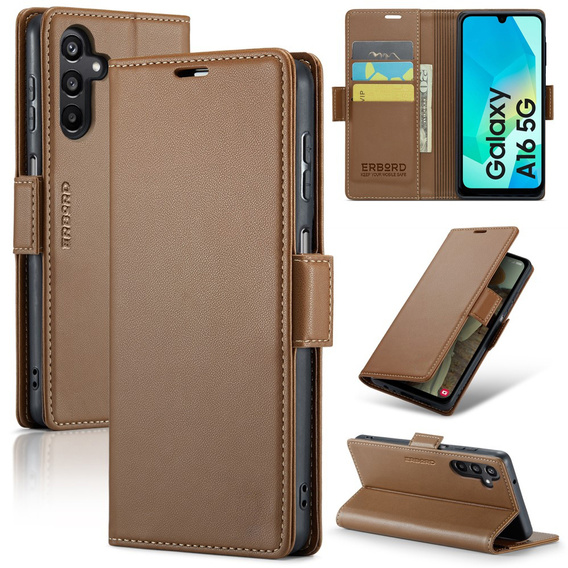 Pouzdro pro Samsung Galaxy A16, ERBORD Glossy Litchi, flipová peněženka, hnědé