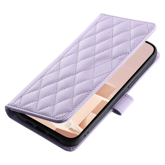 Pouzdro s klopou pro iPhone 16 Plus, Rhombus Crossbody Leather, fialové