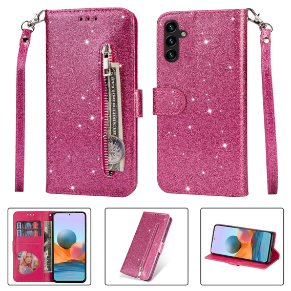 Klopové pouzdro pro Samsung Galaxy A55, Wallet Zipper Pocket Glittery, růžové