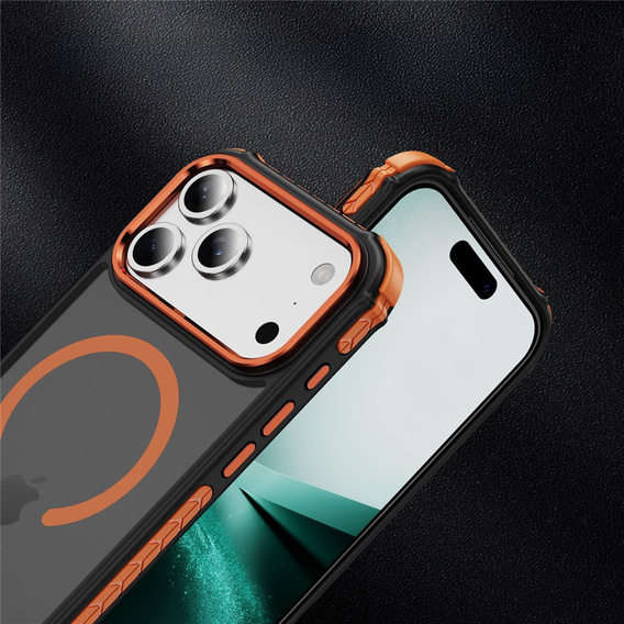 Matné pouzdro pro iPhone 17 Pro, pancéřované, pro MagSafe, kouřové s oranžovými boky