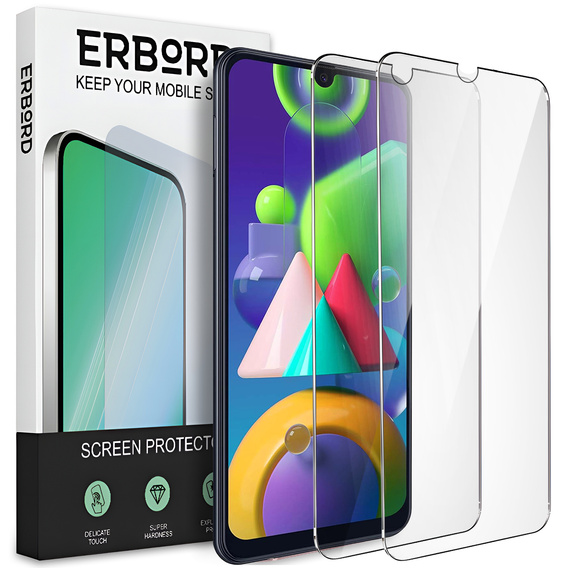 2x tvrzené sklo pro Samsung Galaxy M21, ERBORD 9H Hard Glass na displeji