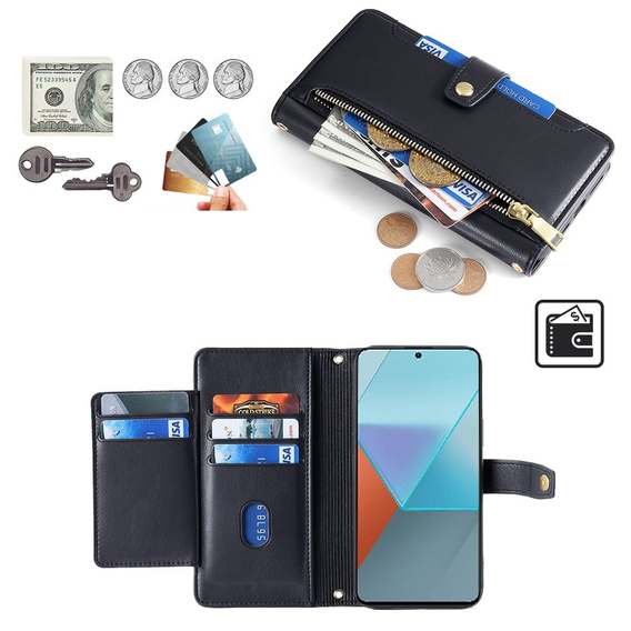Klopové pouzdro pro Xiaomi Redmi Note 13 Pro 5G, Wallet Zipper Pocket, černé