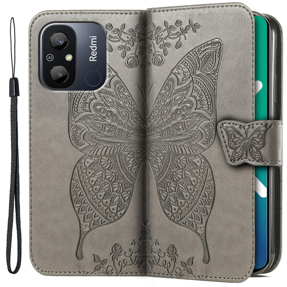 Klopové pouzdro pro Xiaomi Redmi 12C, Butterfly, šedé