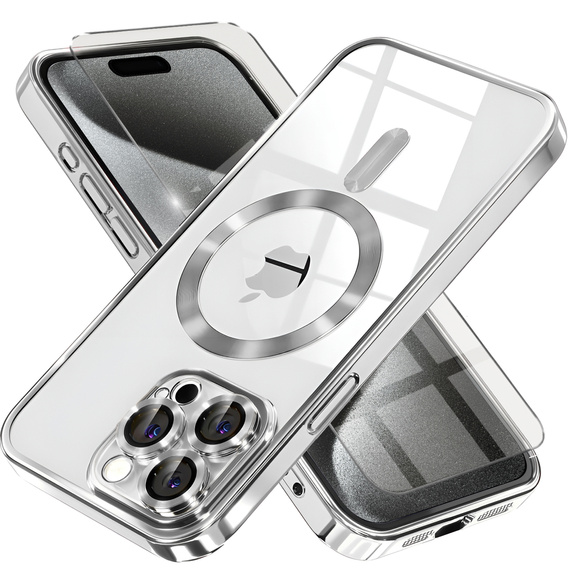 Pouzdro pro iPhone 15 Pro Max, Electro MagSafe, stříbrné + sklo na displej