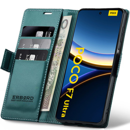Pouzdro pro Xiaomi Poco F7 Ultra, ERBORD Glossy Litchi, flipová peněženka, zelené