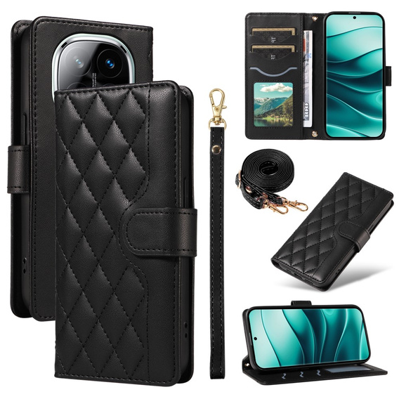 Pouzdro s klopou pro Xiaomi Redmi Note 14 Pro 5G / Xiaomi Redmi Note 14 Pro+ 5G / Xiaomi Poco X7 5G, Rhombus Crossbody Leather, černé