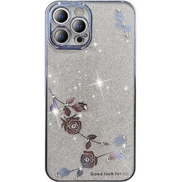 Pouzdro pro iPhone 14 Pro Max, Glitter Flower, modré