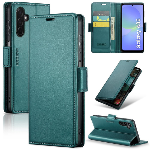 Pouzdro pro Samsung Galaxy A36, ERBORD Glossy Litchi, flipová peněženka, zelené