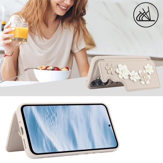 Pouzdro pro Samsung Galaxy A55 5G, Leather Flower Card Slot, béžové