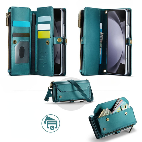 Pouzdro CASEME pro Samsung Galaxy Z Fold6 5G, RFID Leather Wallet, s popruhem přes rameno, zelené