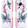 Klopové pouzdro pro Xiaomi 13 Lite, Wallet, butterfly & flowers, bílé