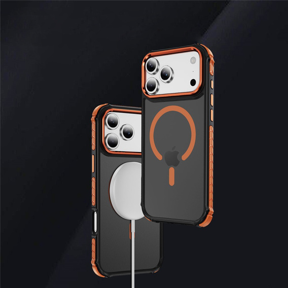 Matné pouzdro pro iPhone 17 Pro, pancéřované, pro MagSafe, kouřové s oranžovými boky