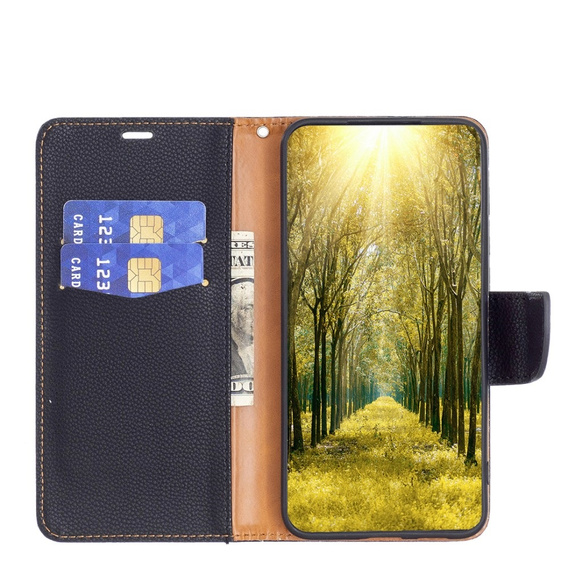 Klopové pouzdro pro Samsung Galaxy A15, Wallet Litchi Leather, černé + 9H sklo 
