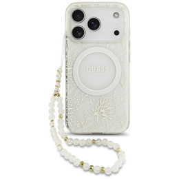 Pouzdro Guess IML Flowers Electroplated Allover With Beads Strap, pro MagSafe, s páskem pro iPhone 17 Pro