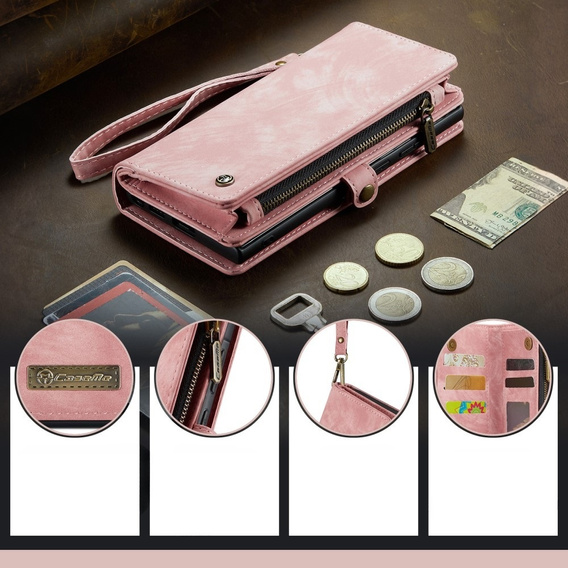 CASEME pouzdro pro Samsung Galaxy A56 5G, Retro Leather Wallet, s páskem, růžové