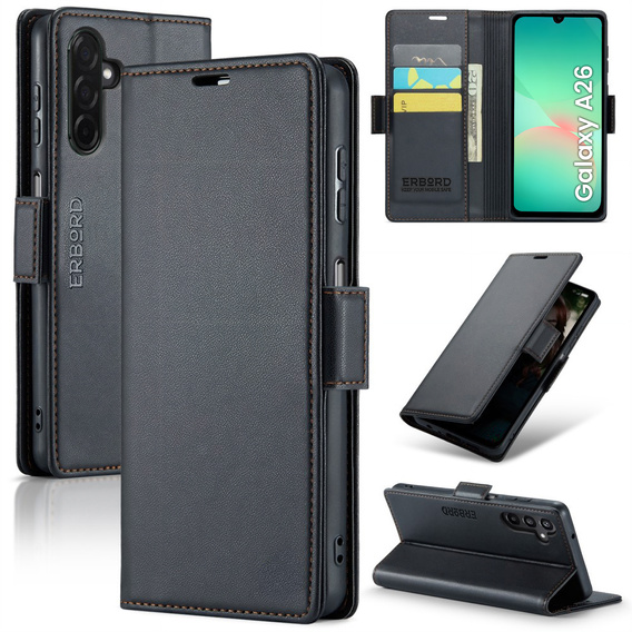 Pouzdro pro Samsung Galaxy A26, ERBORD Glossy Litchi, flipová peněženka, černé