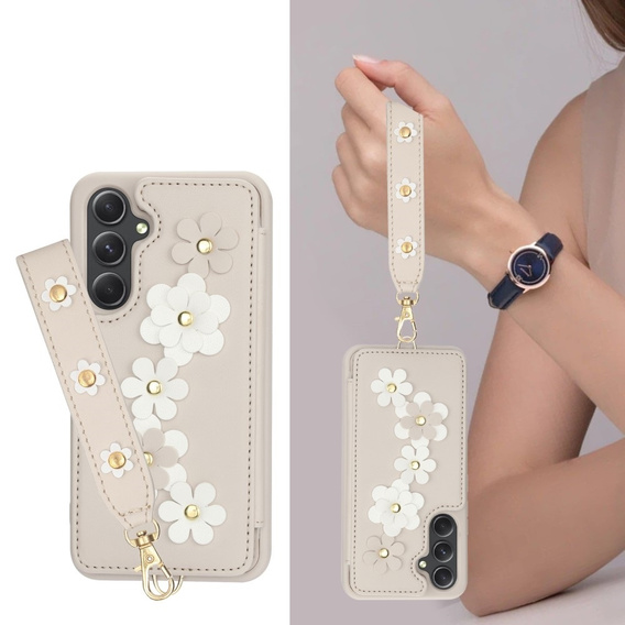 Pouzdro pro Samsung Galaxy A55 5G, Leather Flower Card Slot, béžové