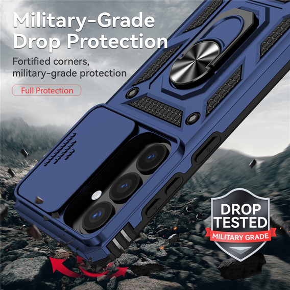 Pevné pouzdro s podstavcem a krytem objektivu pro Samsung Galaxy S26, modré