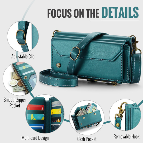 Pouzdro CASEME pro Samsung Galaxy S25 FE, RFID Leather Wallet, s popruhem přes rameno, zelené