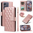 Pouzdro s klopou pro Motorola Edge 50 Neo / Motorola ThinkPhone 25, Rhombus Crossbody Leather, růžové rose gold