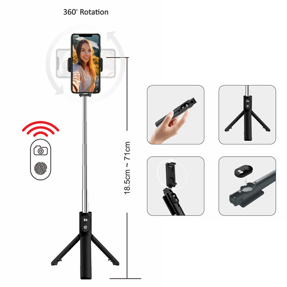 Selfie tyč s funkcí stativu a dálkovým ovládáním Bluetooth, pro smartphony o šířce 6,5 cm až 9,5 cm