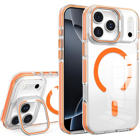 Pouzdro pro iPhone 17 Pro Max, pro MagSafe, se stojánkem, průhledné s oranžovými vložkami